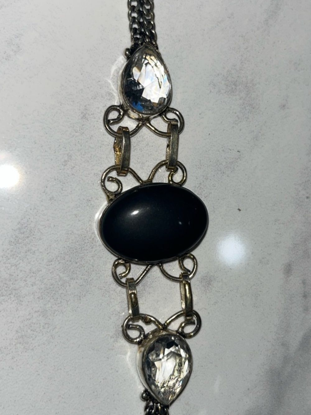 Women’s Sterling Silver Chain Bracelet with Black Onyx Center